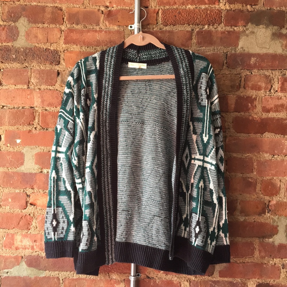 Green, black and white tribal patterned cardigan